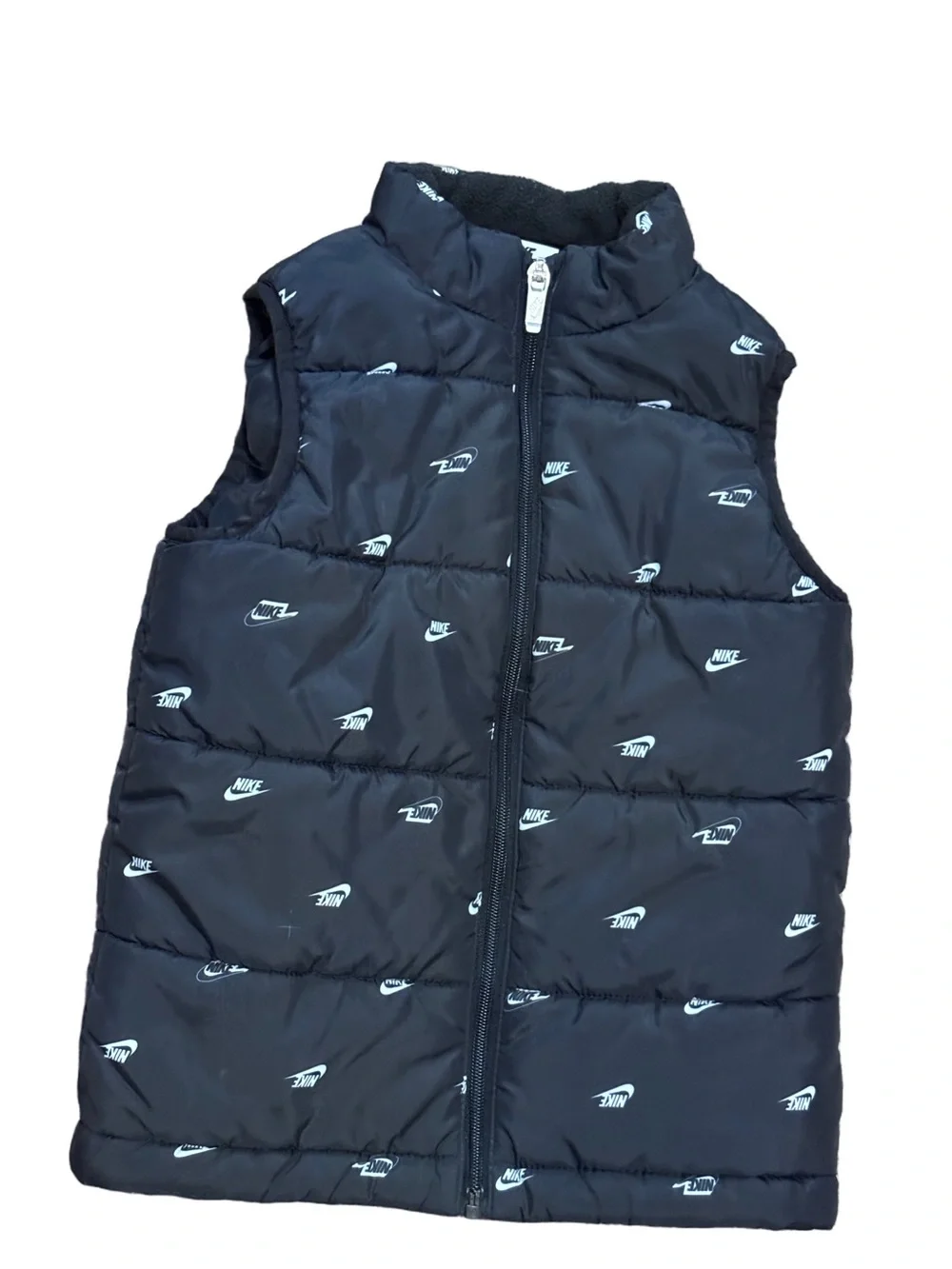 Nike Kids Allover Swoosh Logo Black Puffer Vest Full Zip (small)